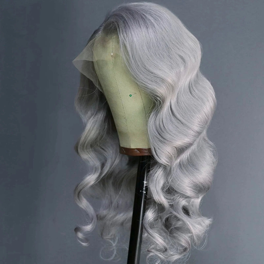 Silver Grey Lace Front Wig Synthetic Lace Wig Glueless Body Wave Long Wavy Silver Wig Body Wave Long Grey Hair Wigs for Women