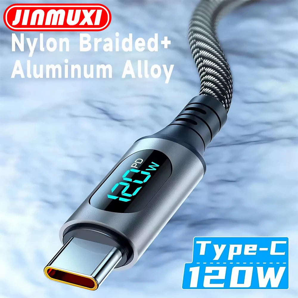6A 120W USB A To Type C Super Fast Charge Cable Nylon Data Cord For Xiaomi Redmi POCO Samsung With Led Digital Display Cable