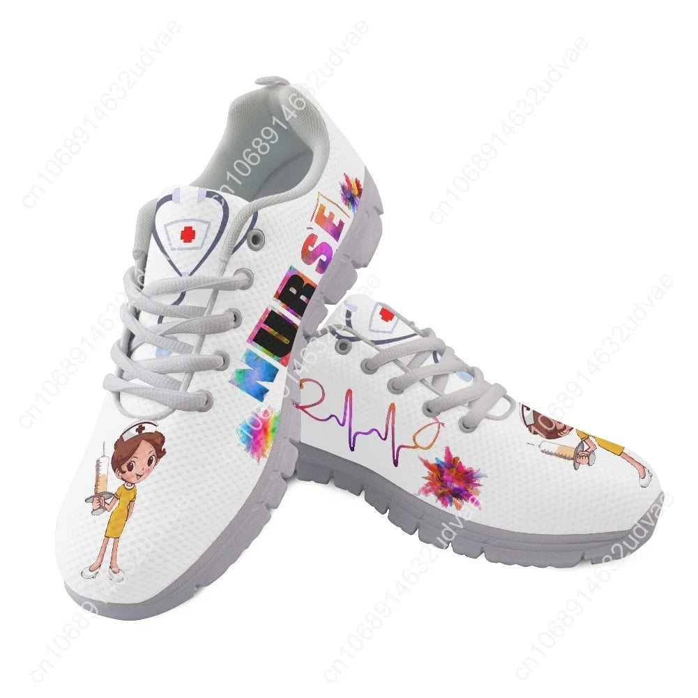 New Cartoon Nurse Shoes for Women Medical Heart Beat Brand Design Breathable Sneakers Flats Shoes Zapatos Mujer