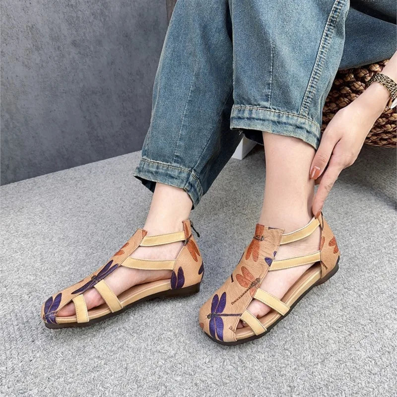 Johnature Genuine Leather Printed Roman Sandals 2025 Summer New Back Zippered Flat Hollow Round Toe Women's Shoes