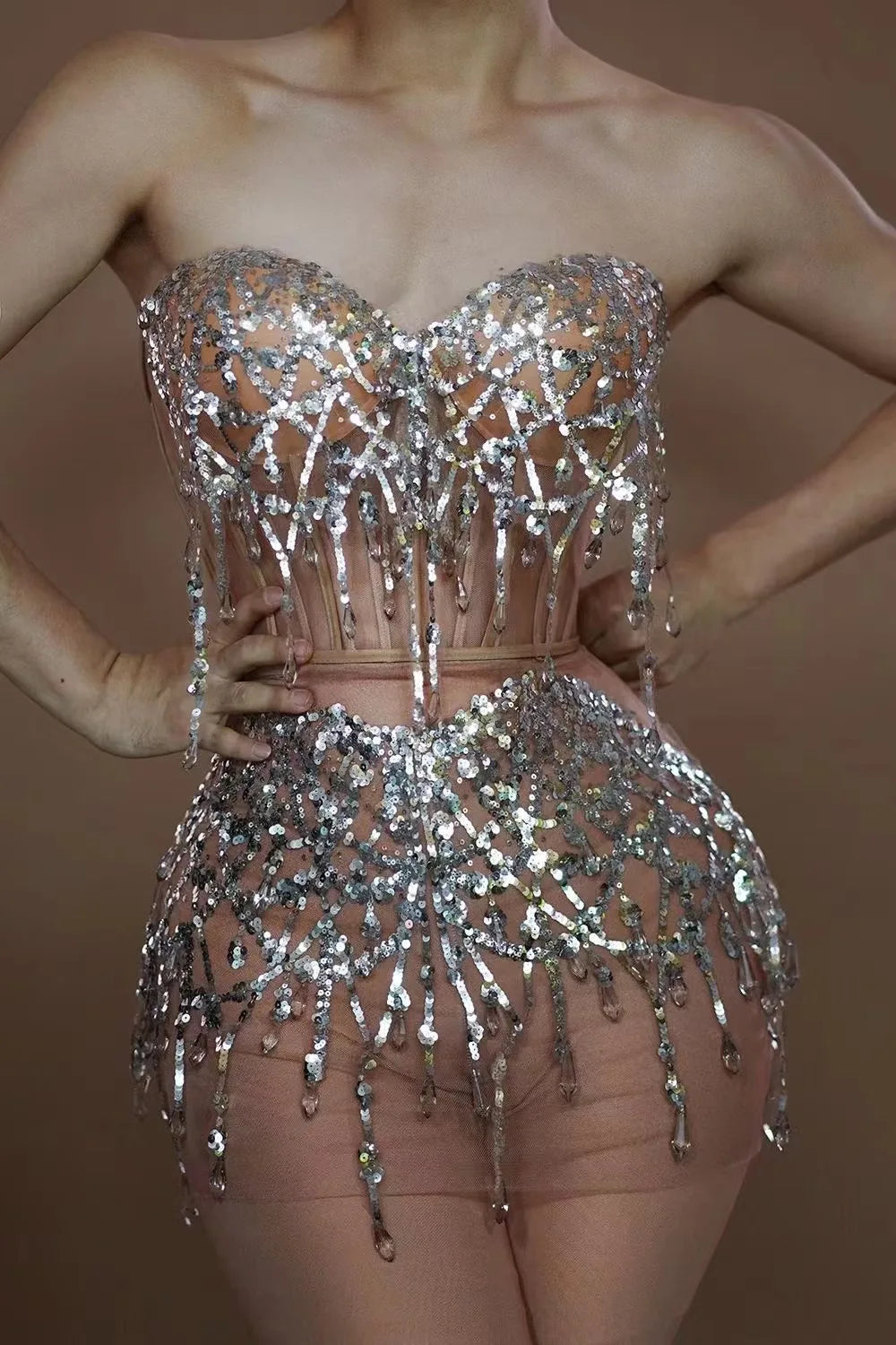 Sparkly Silver Sequins Crystals Short Summer Dress Sexy Stage Transparent Women Evening Birthday Party Dress Singer Show Wear