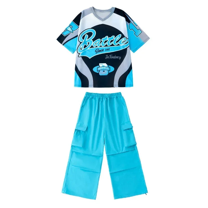 New Summer Teens Loose Blue T-Shirt Pants Black Shorts Boys Hip Hop Outfits Modern Jazz Dance Costume Girl Kpop Performance Wear