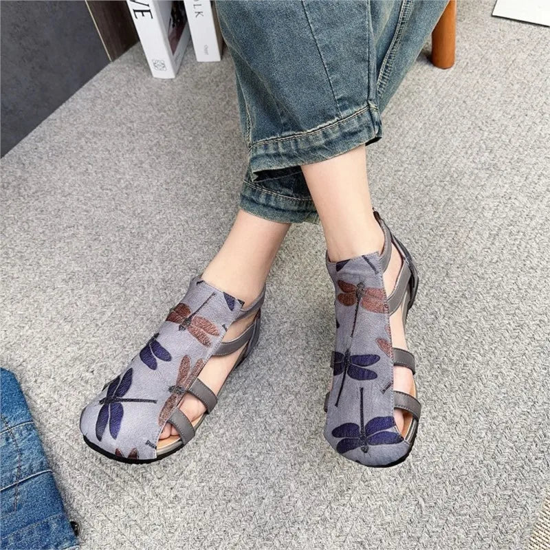 Johnature Genuine Leather Printed Roman Sandals 2025 Summer New Back Zippered Flat Hollow Round Toe Women's Shoes