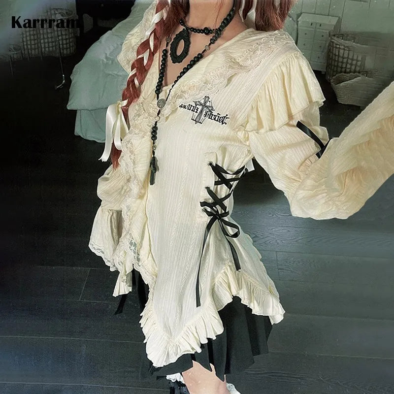 Y2k Gothic Lace Shirt Harajuku Bandage Blouse