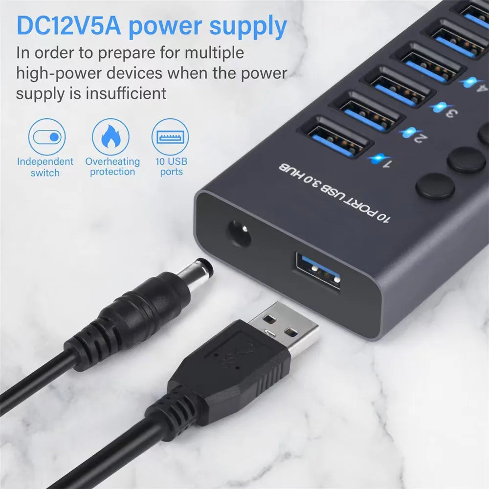MZX USB 3.0 Hub Aluminum Multi Port Splitter with Power Adapter and Switch