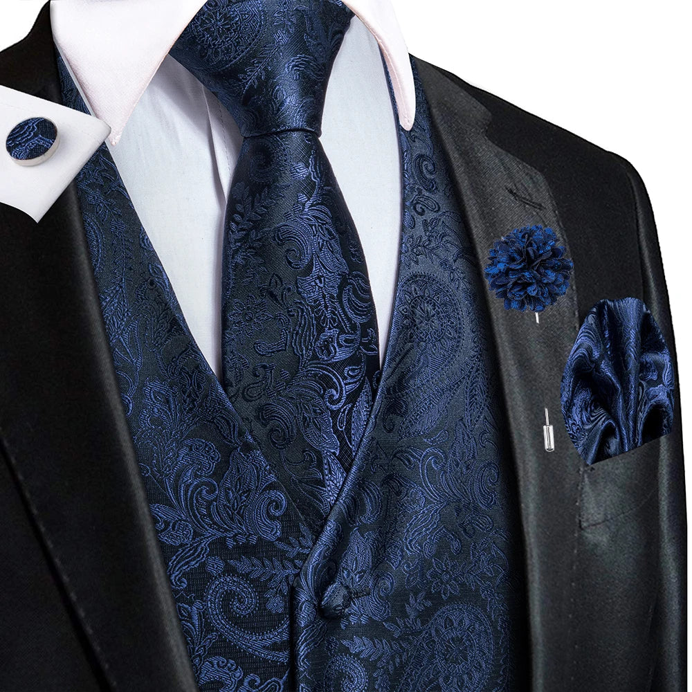 Luxury Gold Black Silk Mens Vests Print Jacquard Waistcoat Tie Hanky Cufflinks Brooch Set for Men Wedding Formal Business Hi-Tie