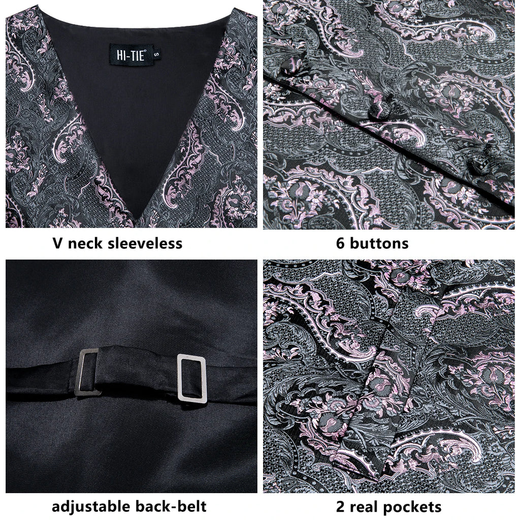 Hi-Tie Brand Silk Mens Vests Grey Black Gold Navy Blue Red Burgundy Jacquard Waistcoat Jacket NeckTie Hanky Cufflinks for Men