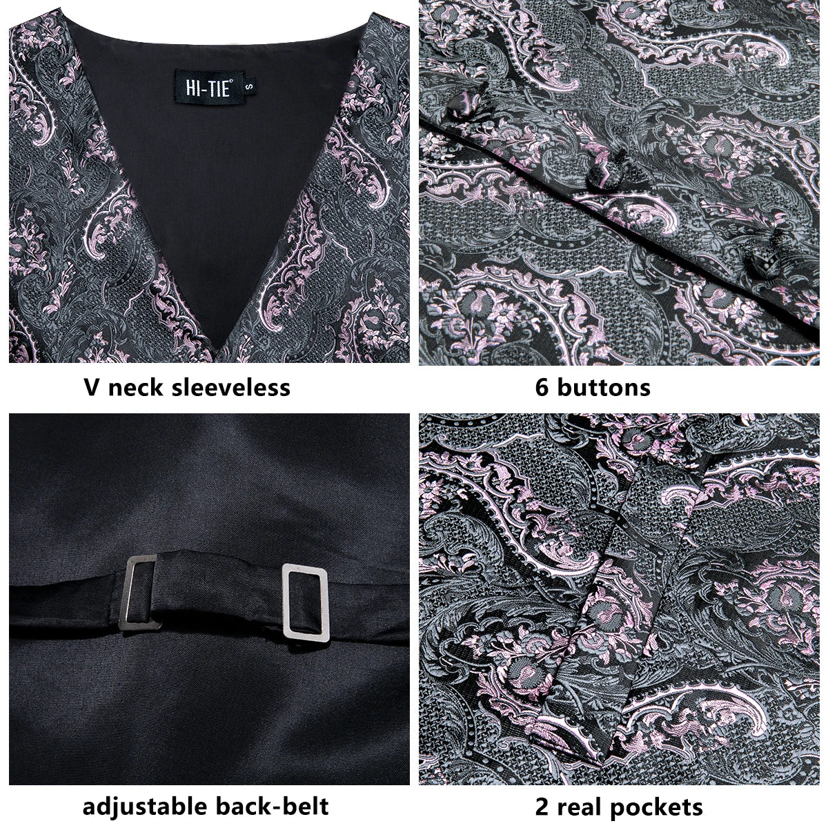 Hi-Tie Brand Silk Mens Vests Grey Black Gold Navy Blue Red Burgundy Jacquard Waistcoat Jacket NeckTie Hanky Cufflinks for Men
