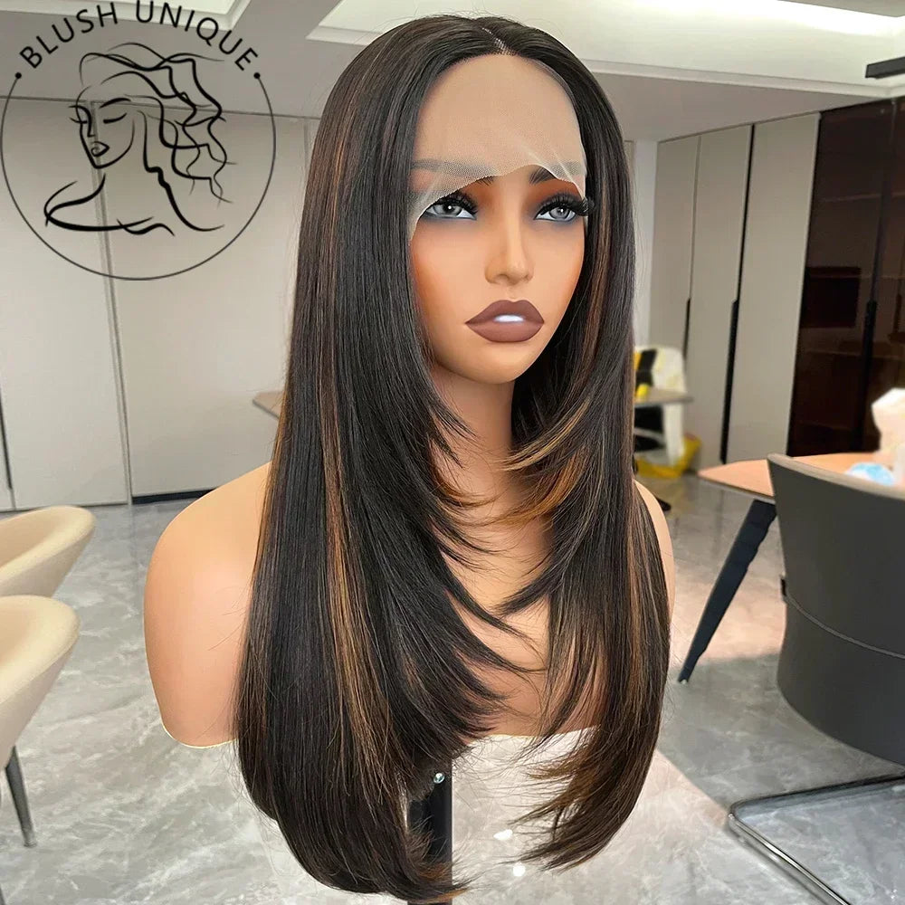 Chocolate Brown with Blonde Layered Straight Lace Front Wig Highlight Skunk Stripe Layered Cut Lace Wigs Synthetic Glueless Wig