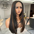 Chocolate Brown with Blonde Layered Straight Lace Front Wig Highlight Skunk Stripe Layered Cut Lace Wigs Synthetic Glueless Wig