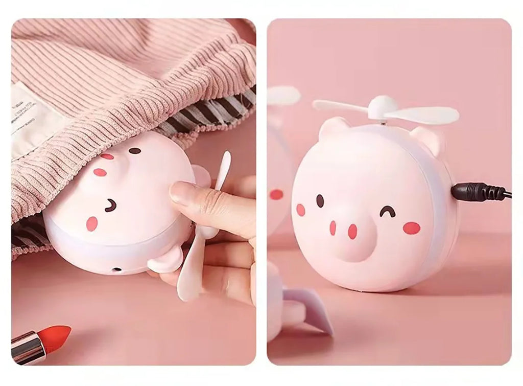 Cute Piggy Makeup Mirror Handheld Mini Fan With Led Light Cosmetics Mirror With Small Fan Girls Travle Portable Fan