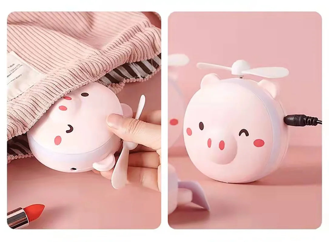 Cute Piggy Makeup Mirror Handheld Mini Fan With Led Light Cosmetics Mirror With Small Fan Girls Travle Portable Fan