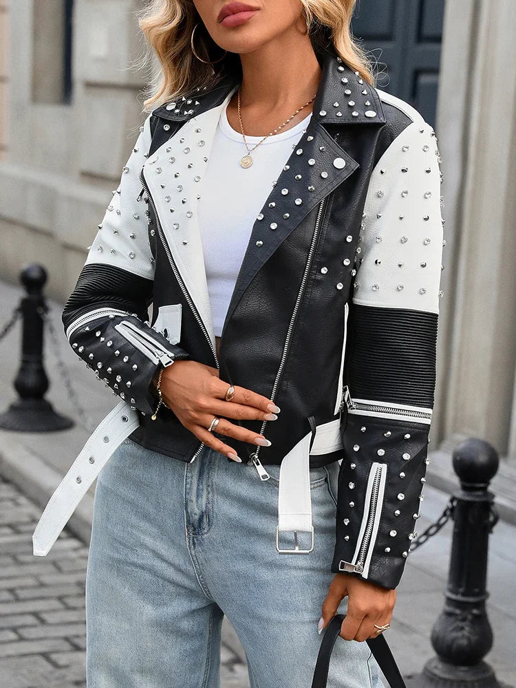 New Spring Autumn Women Street Rivet Black White Faux Leather Jacket Moto Biker Punk Belt Coat Outwear