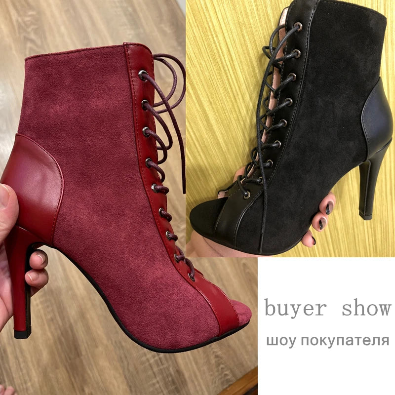 Black Summer High Heels Ankle Boots For Women 2025 Spring Peep Toe Lace Up Pumps Party Jazz Dance Shoes Suede Ladies Large Size