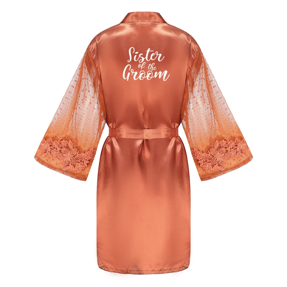 Caramel Wedding Bride Bridesmaid Robes Dressing Gown Sexy Women Bathrobe Night Shirts Short Women Kimono Mesh Sleeve