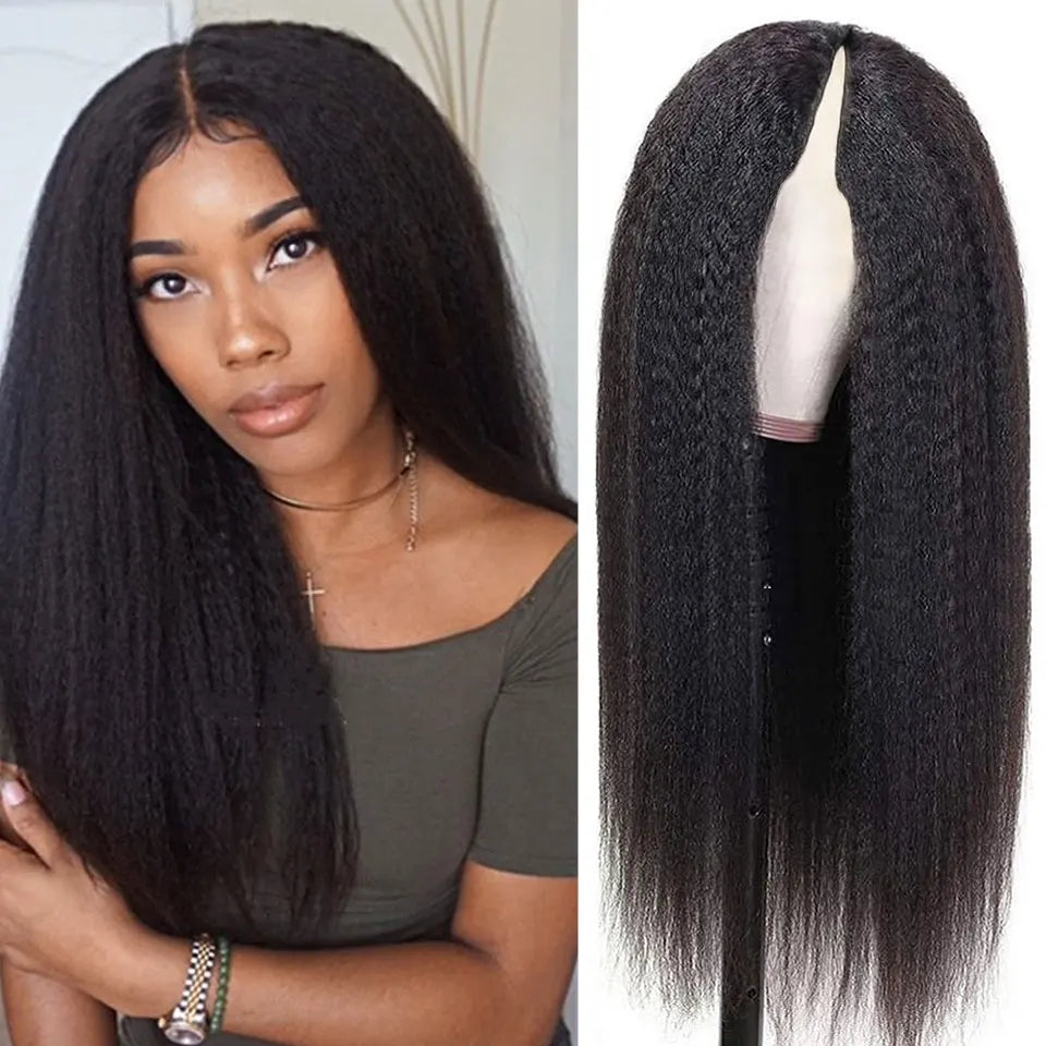 U Part Kinky Straight Human Hair Wig