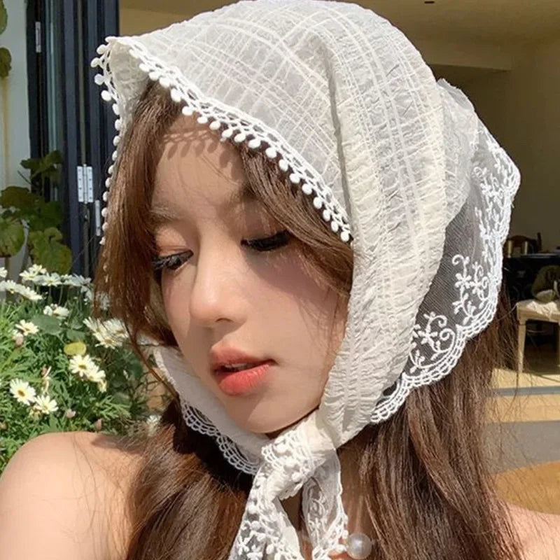 Girls Lace Headscarf Sweet Korean INS Pastoral Style Summer Triangle Scarf Hair Band Fashion Cute Women Hair Accessories