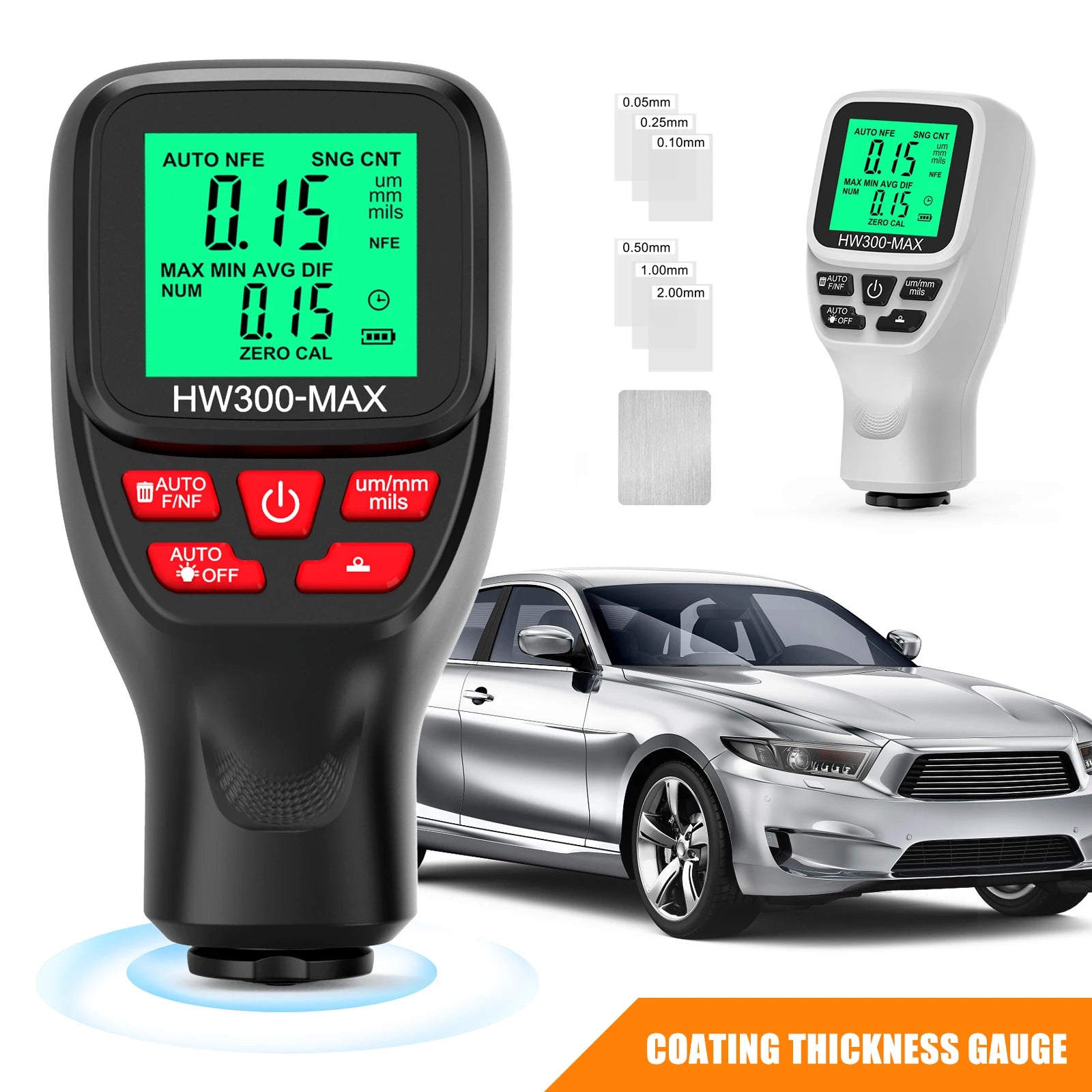 HW300-MAX Car Coating Thickness Gauge 0-2000UM Car Paint Film Thickness Tester Paint DFT Measuring Meter Digital Backlight