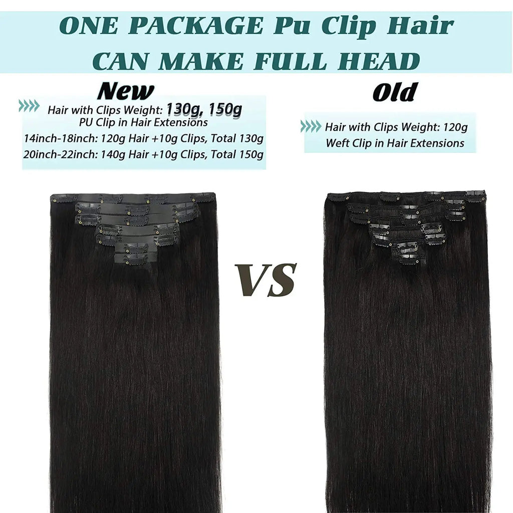 PU Clip in Extensions Human Hair Clip in Natural Thick Straight Hair Extensions Seamless Skin Weft Clip-on Hair Pieces 150G