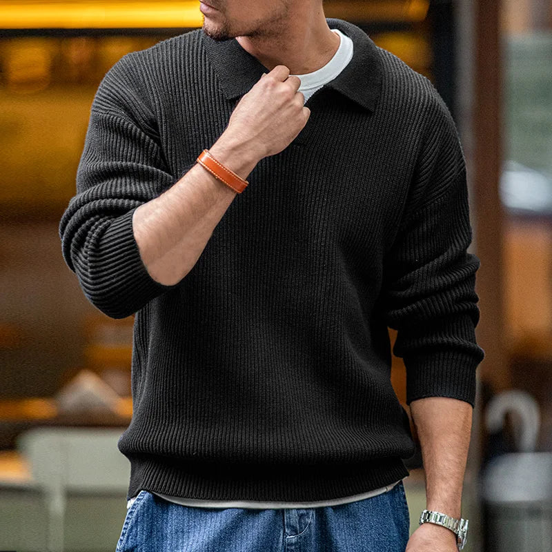 Retro Polo Neck Knit Pullover Sweater Men's