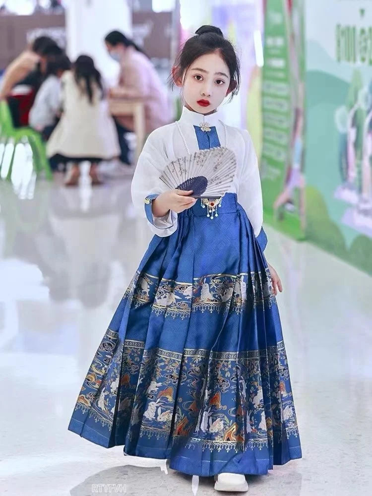 2024 NEW Summer Chinese Hanfu Dress For Girls Traditional Embroidery Horse-face Skirt For Kids Princess Hanbok