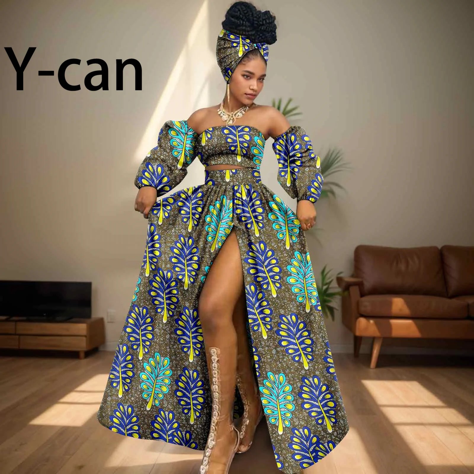 African Women Sexy Sets Two Pieces 2024 Ankara Print Tube Top High Slit Skirt Free Headscarf Female Outfits Women Dress 2426016