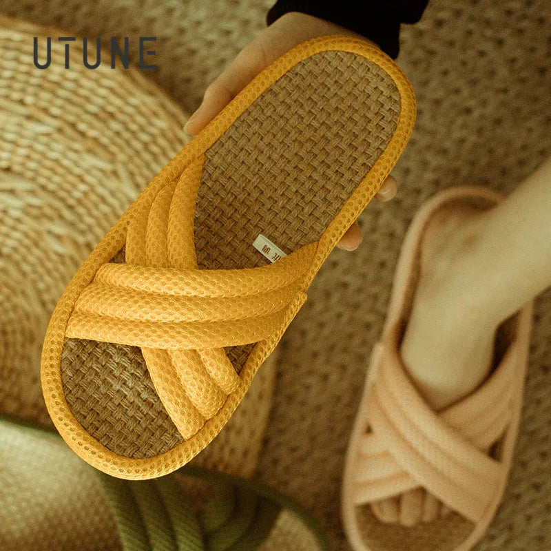 UTUNE Linen Women Slippers Outdoor Summer Mute Light Vacation Travel Comfortable Shoes Anti-slip Flat Thick Sole Home Slides