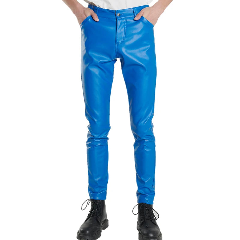 2024 New Men's Leather Pants Fashion Slim PU Trousers Red Blue Black Gray White Pantalones Hombre