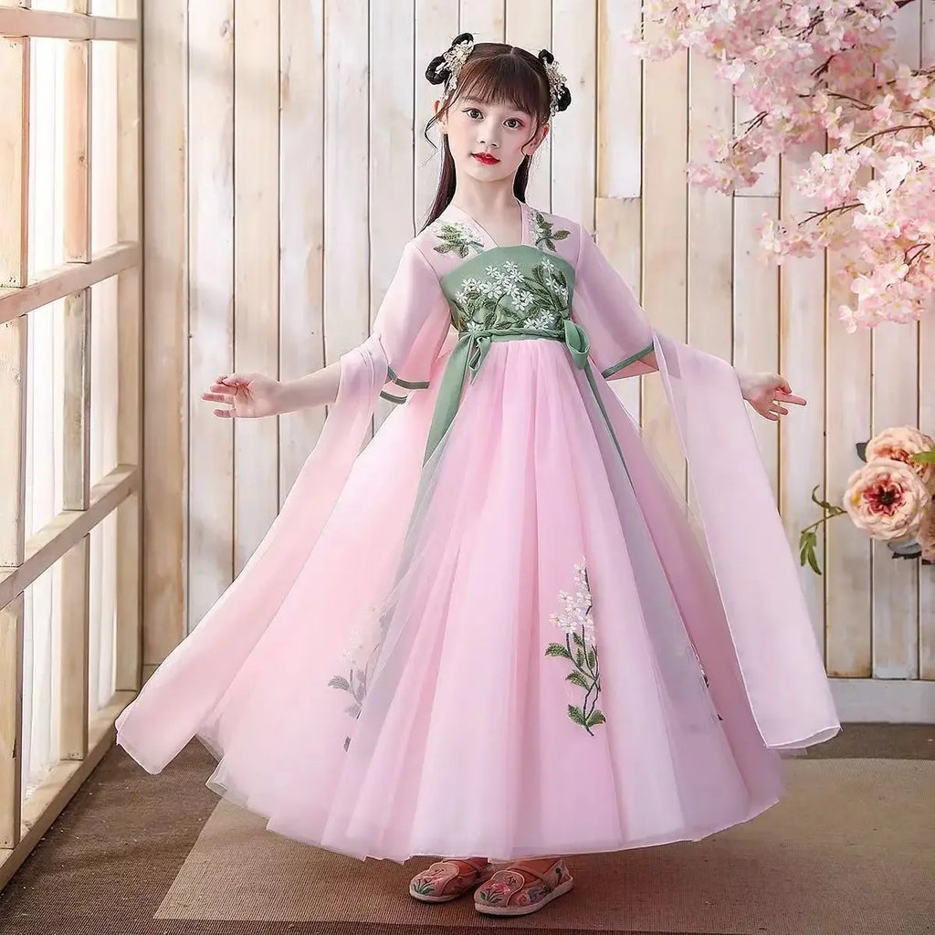 Chinese Traditional Folk Dance Dress Girls Pink Dance Fairy Costume Hanfu Girls Princess Dresses Set Kids Party Cosplay Clothing