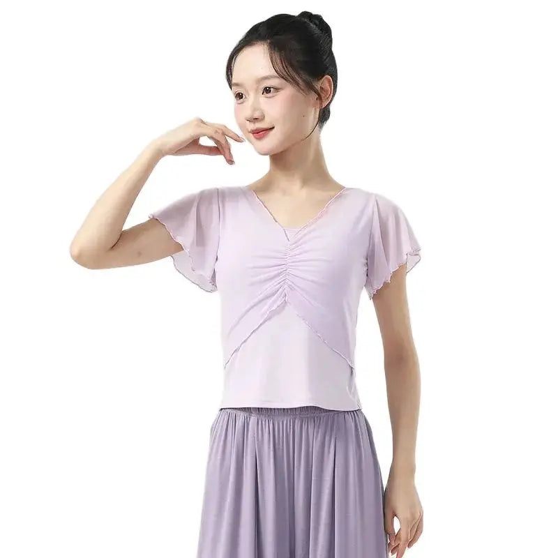 Dance Tops Women Modern Practice Clothes Dancewear Short Sleeved Gauze Pleated T-shirt Solid Color Stage Costume Top New Arrival