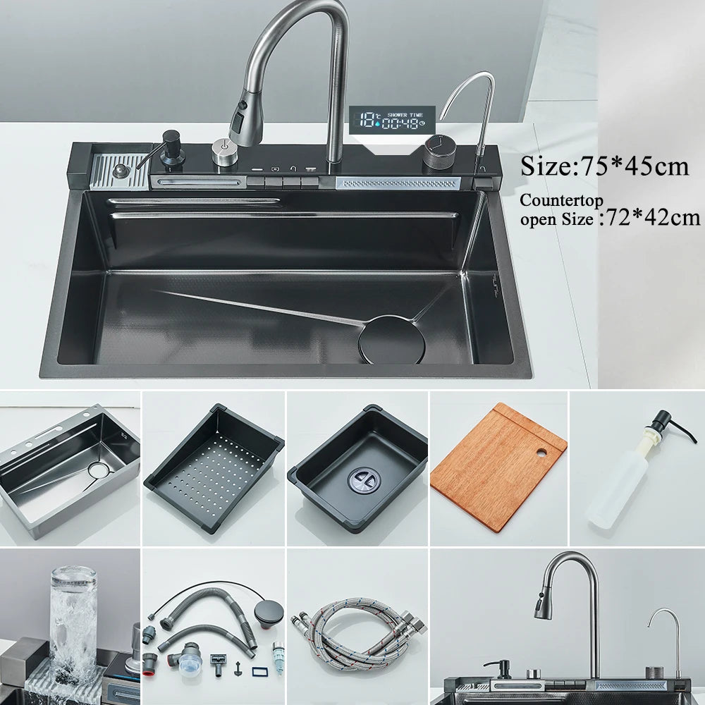 Golden Smart Digital Display Integrated Kitchen Sink Set Temperature Control Waterfall Water Purifier Soap Dispenser Cup Washer