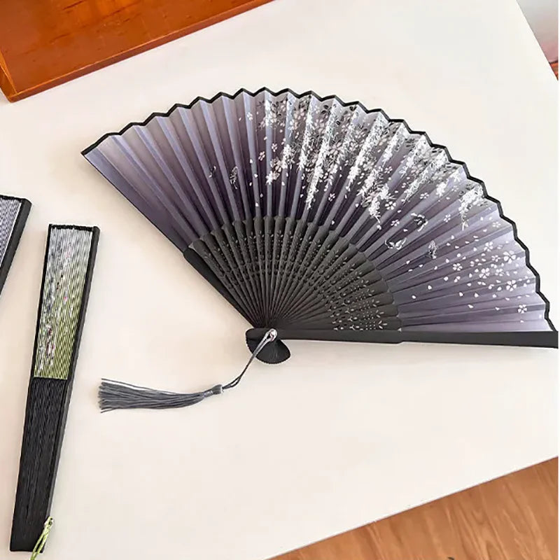 Chinese Bamboo Silk Hand Folding Fan Black