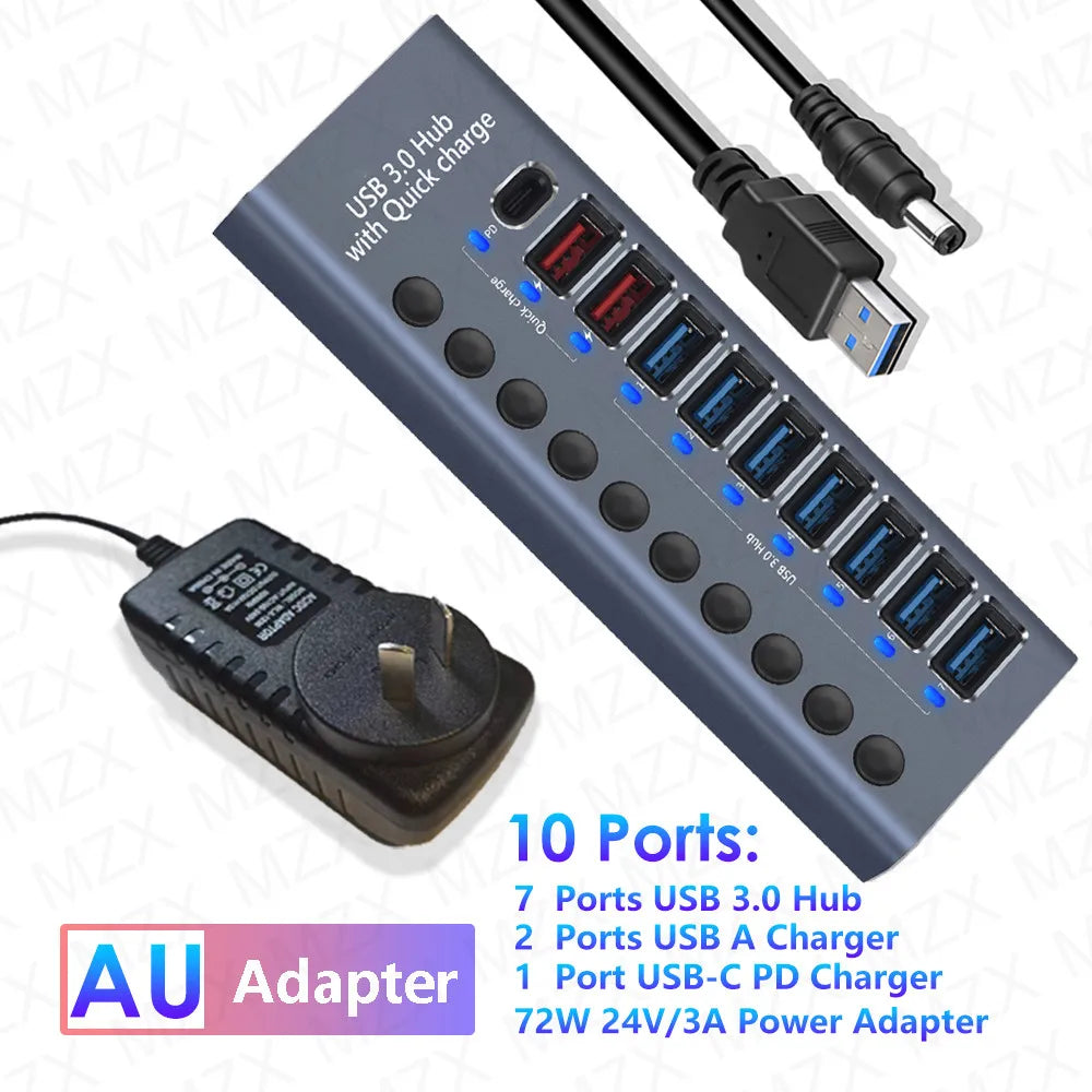 MZX USB 3.0 Hub Aluminum Multi Port Splitter with Power Adapter and Switch