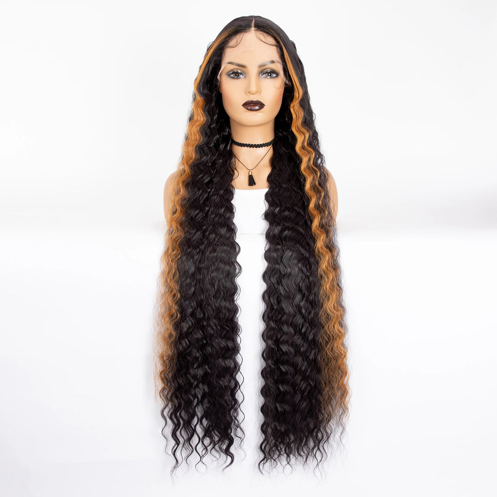 WIGERA Synthetic Ombre Black 40Inch Extra Long Crimp Deep Body Wave Lace Wig Curly Wavy Wigs Highlights With Baby Hair For Women