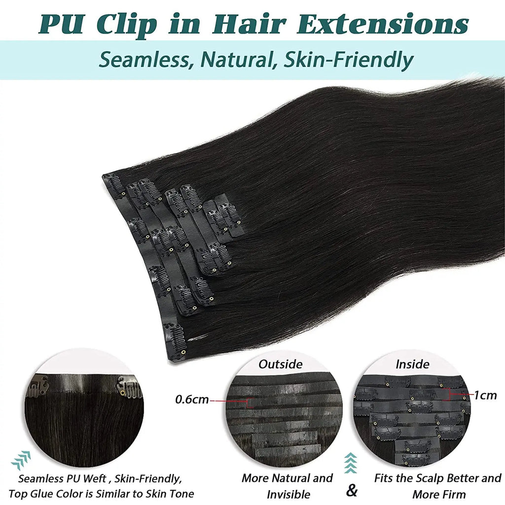 PU Clip in Extensions Human Hair Clip in Natural Thick Straight Hair Extensions Seamless Skin Weft Clip-on Hair Pieces 150G