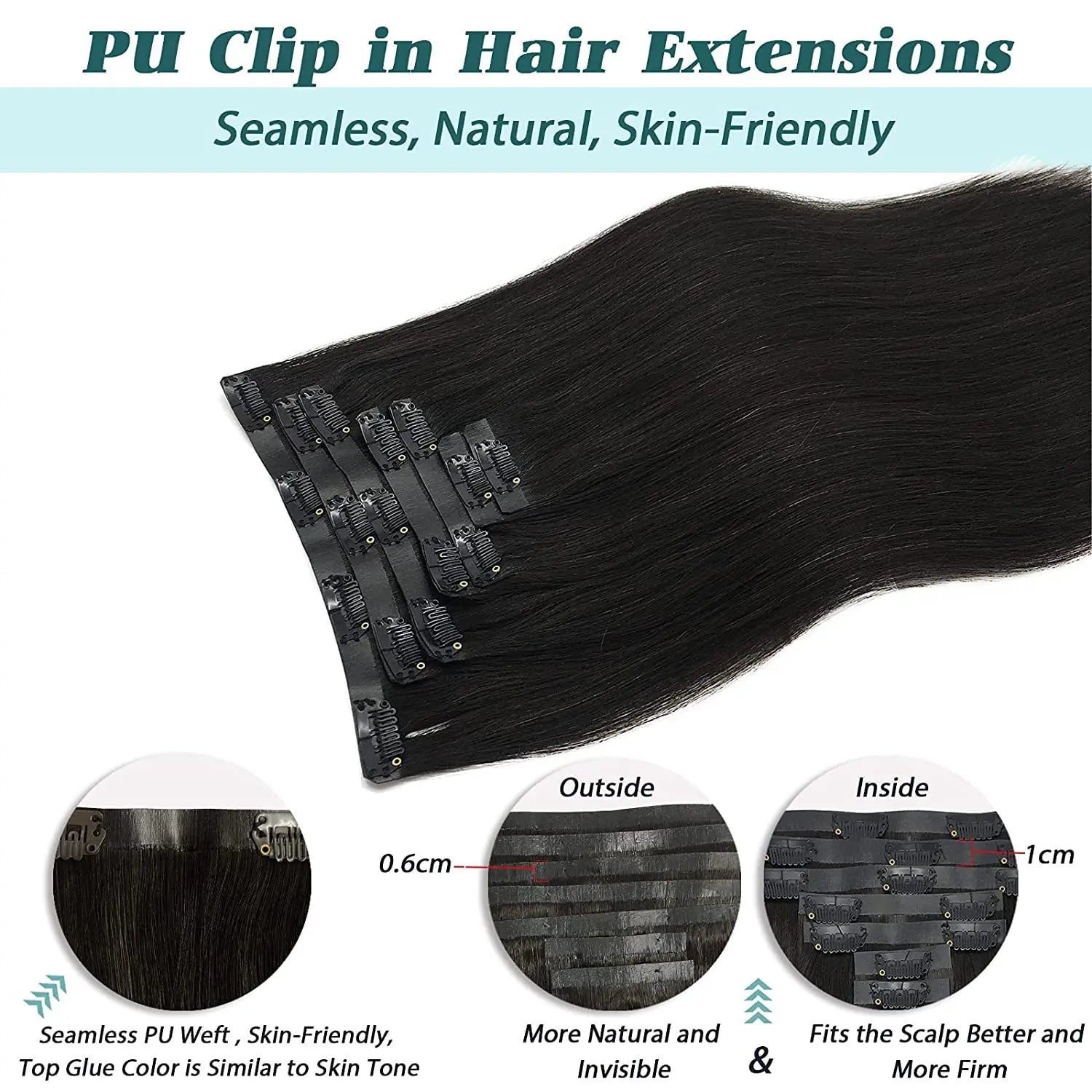 PU Clip in Extensions Human Hair Clip in Natural Thick Straight Hair Extensions Seamless Skin Weft Clip-on Hair Pieces 150G