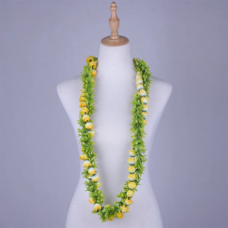Popular Artificial Silk Rosebud Greenrose Lei Double Strand Braided Necklace Hawaiian Garland Polynesian Samoan Style Wreath