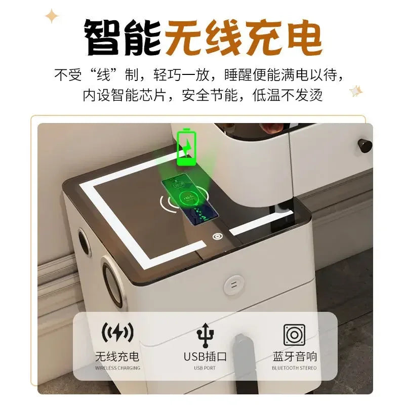 Nordic Glass Luxury Dressing Table with Smart Wireless Charging Bedroom Vanity Nightstand Makeup Table with Cloud Mirror Dresser