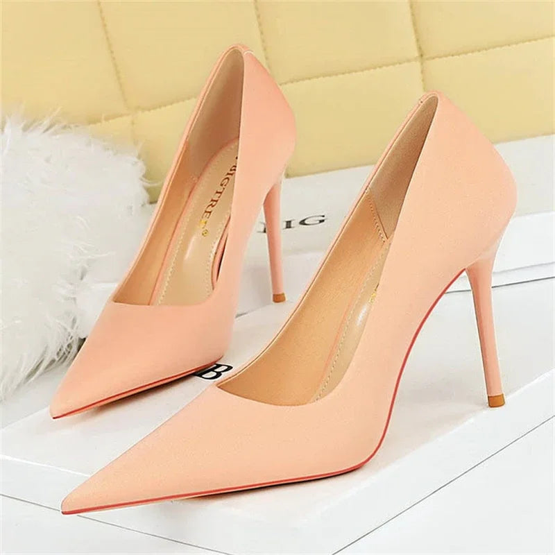 BIGTREE Autumn Fashion Simple Pedicure Slimming Super Woman Pumps Heels Shallow Mouth Strippe Pointed Sexy Nightclub Shoes