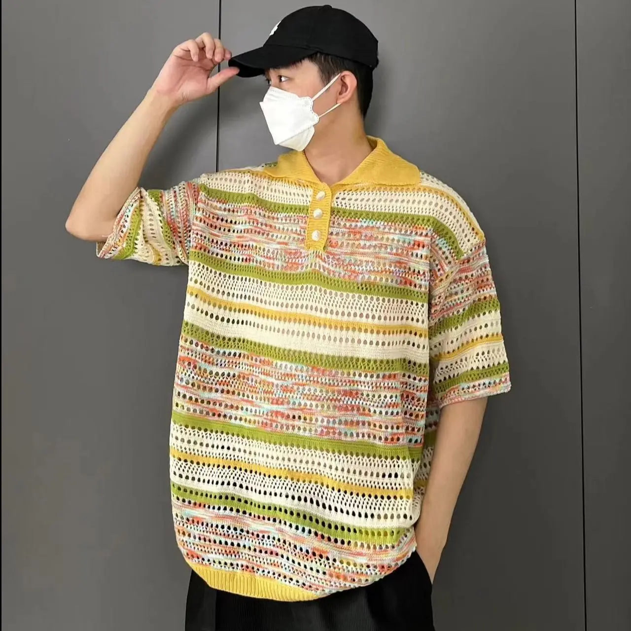 Vintage Colour Stripe Hollow Lapel Collar Short Sleeved T-shirt Knitting Men Summer Loose Comfortable Refreshing POLO Shirt
