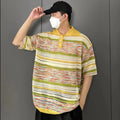 Vintage Colour Stripe Hollow Lapel Collar Short Sleeved T-shirt Knitting Men Summer Loose Comfortable Refreshing POLO Shirt