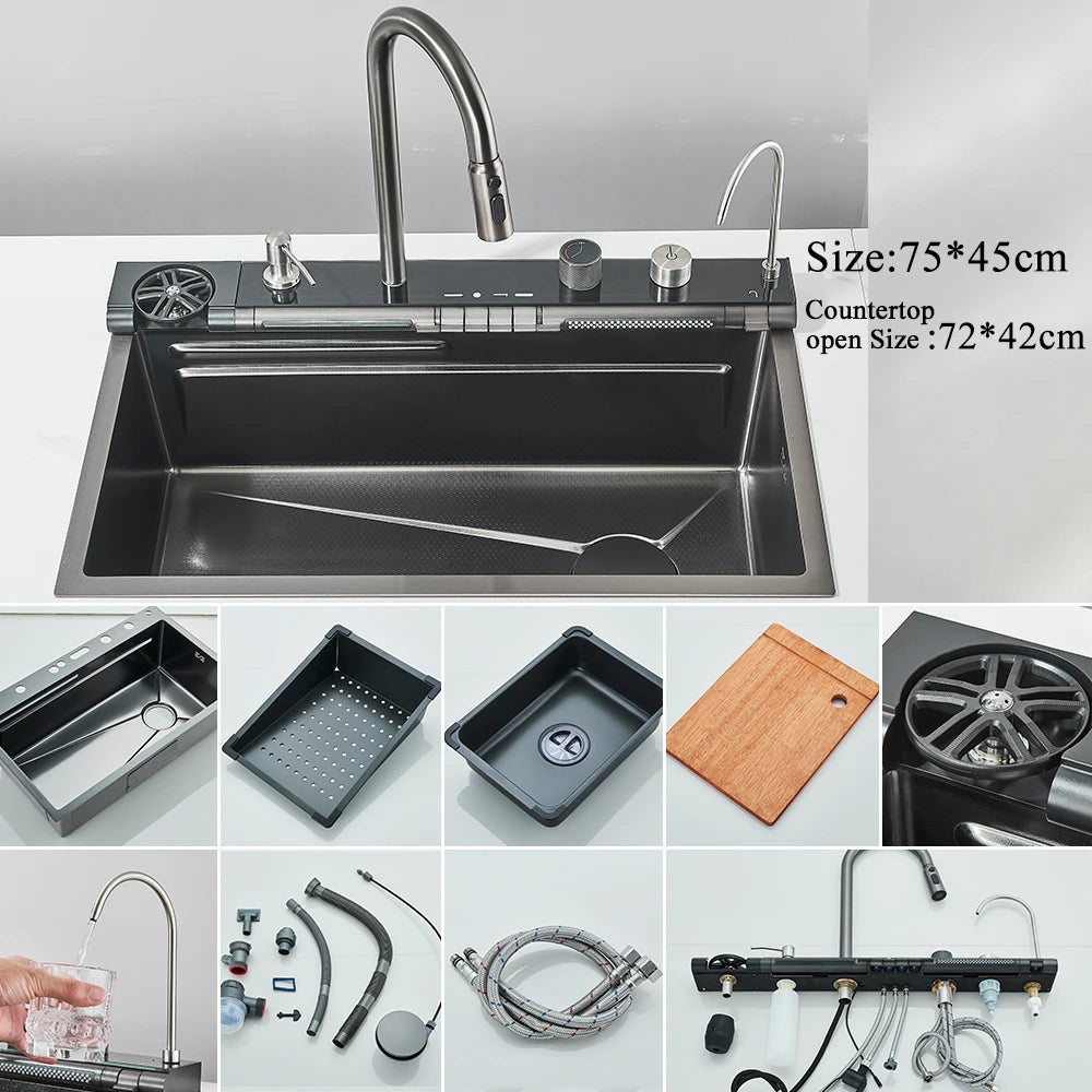 Golden Smart Digital Display Integrated Kitchen Sink Set Temperature Control Waterfall Water Purifier Soap Dispenser Cup Washer