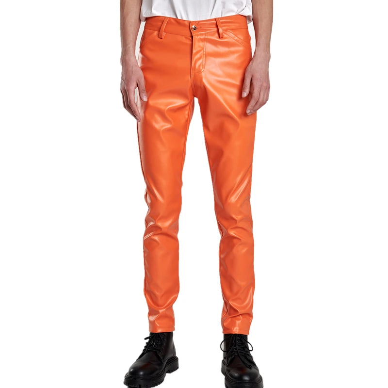 2024 New Men's Leather Pants Fashion Slim PU Trousers Red Blue Black Gray White Pantalones Hombre