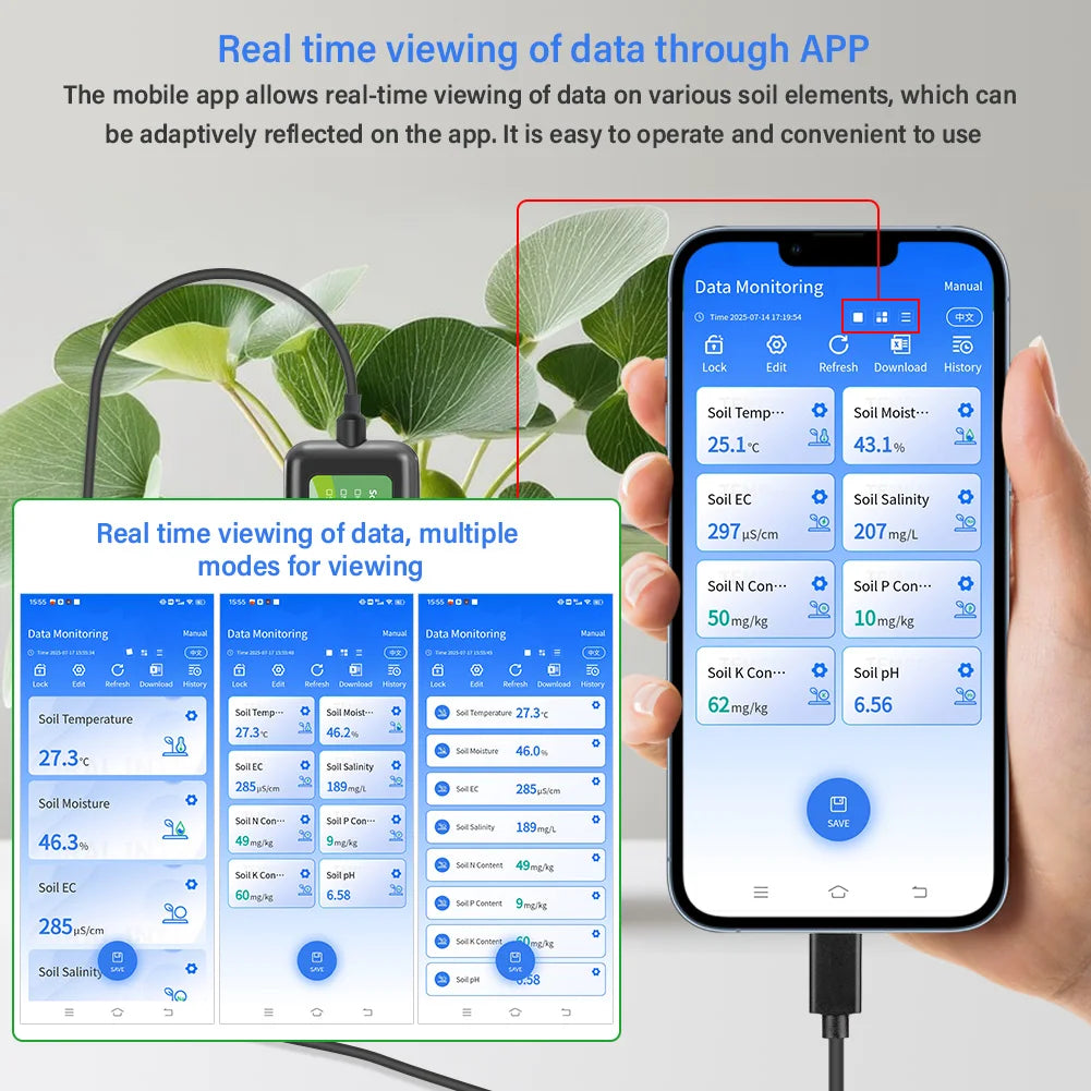 YAGO Soil Sensor 8 in 1 for Agriculture pH EC Moisture NPK Tester Android/HarmonyOS USB Smart Soil Meter for Precision Farming