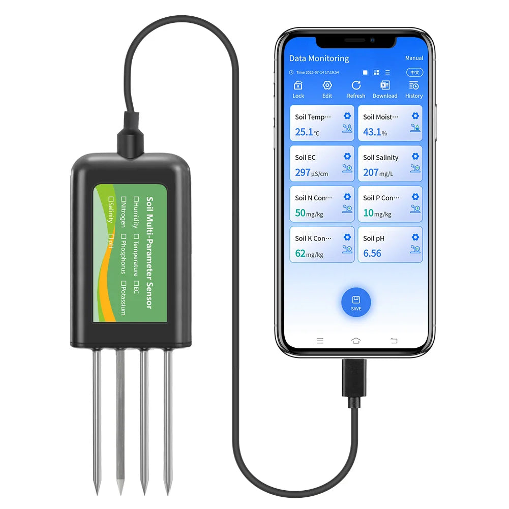 Yieryi Smart Soil Sensor 5-in-1 NPK EC Moisture Temp pH Meter with APP Data Logger USB Rechargeable Soil Tester for Garden Farm