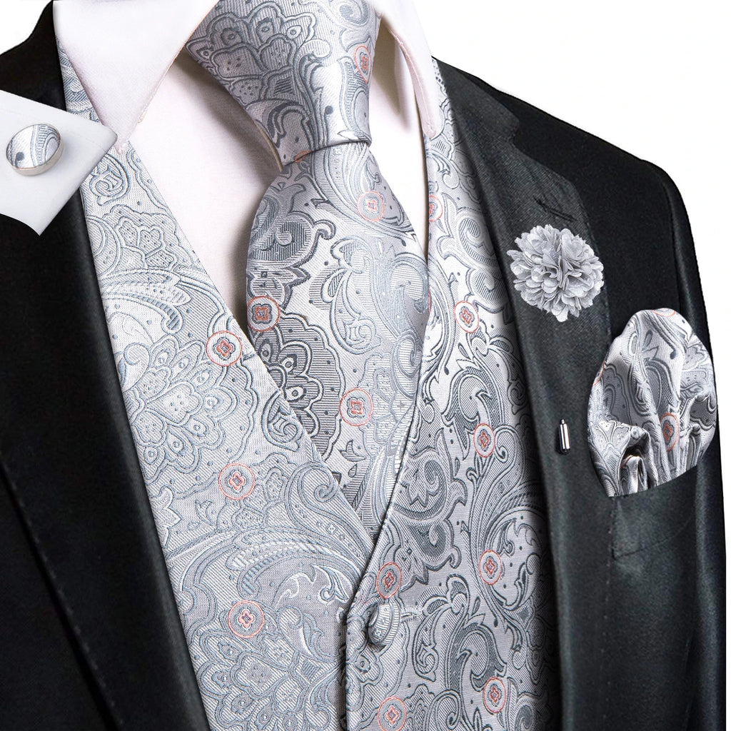 Hi-Tie High Quality Silk Mens Vests Champagne Paisley Waistcoat Neck Tie Hanky Cufflinks Brooch Set for Men Suit Wedding Office