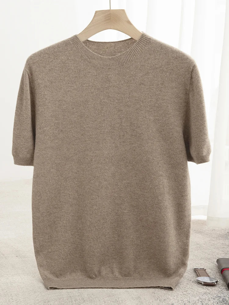 New Summer Autumn Men's 100% Merino Wool Pullover O-Neck Short Sleeve Jumper Cashmere Sweater Soft Casual Tops T Shirt