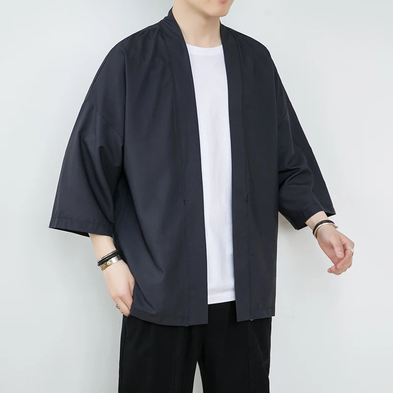 Summer New Men's Lightweight Kimonos Traditional Japanese Clothing Male Open Front Cardigan Cloak Yukata Jacket Coat White