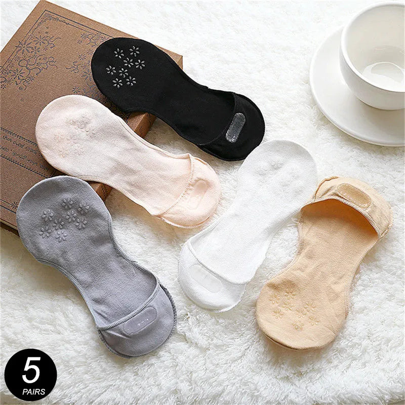 5 Pairs Thin Cotton Boat Socks for Women Shallow Mouth Summer Silicone Anti Slip Women's Ankel Socks for High Heels Shoes