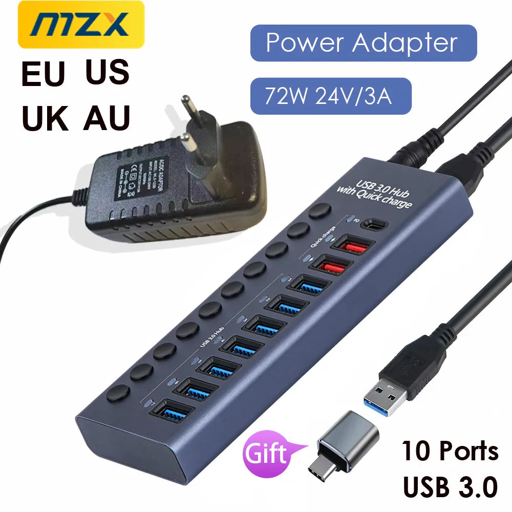 MZX USB 3.0 Hub Aluminum Multi Port Splitter with Power Adapter and Switch